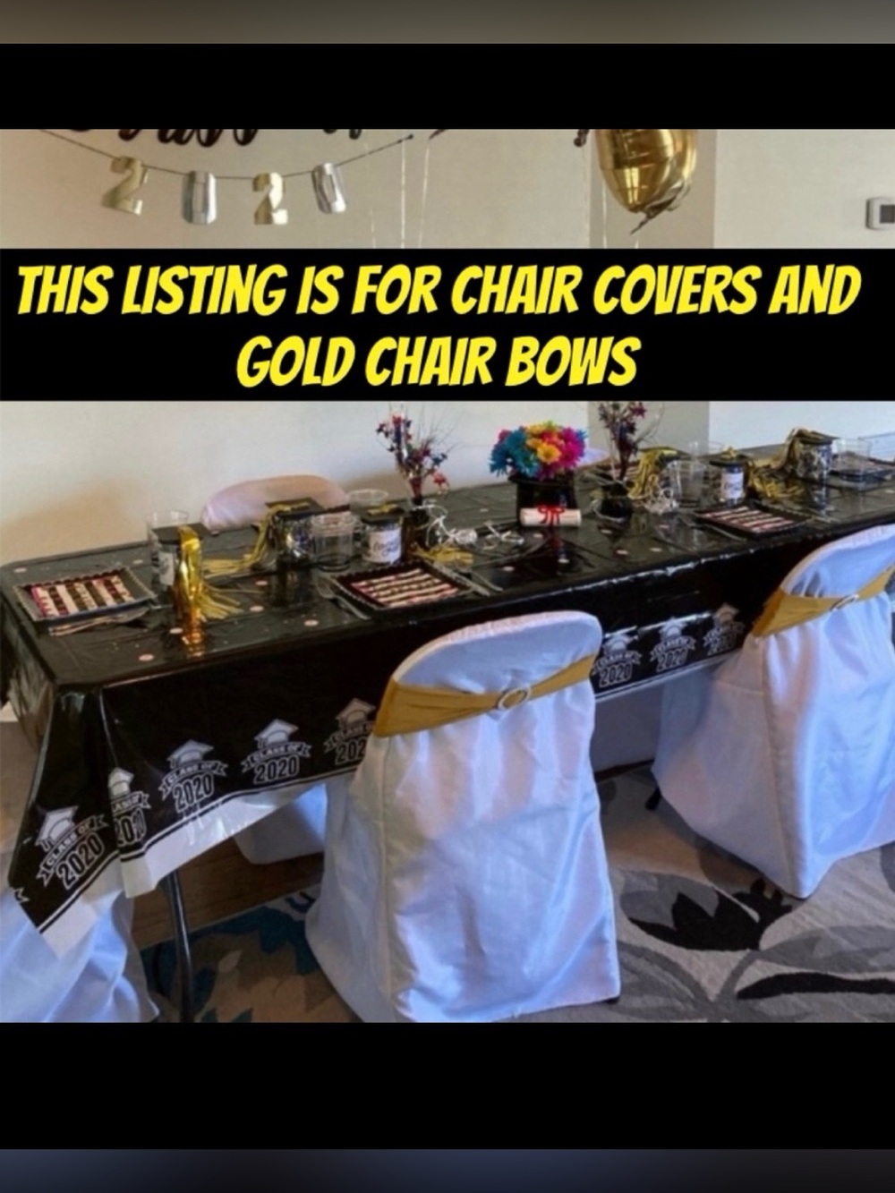 White folding Chair Covers & gold chair bows x6 + bonus for party graduation NYE